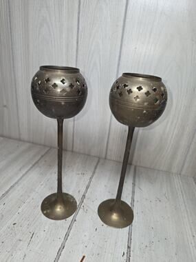 Vintage Brass Tea Light Candle Holders 10" Cut Outs Made In India Gothic Regency